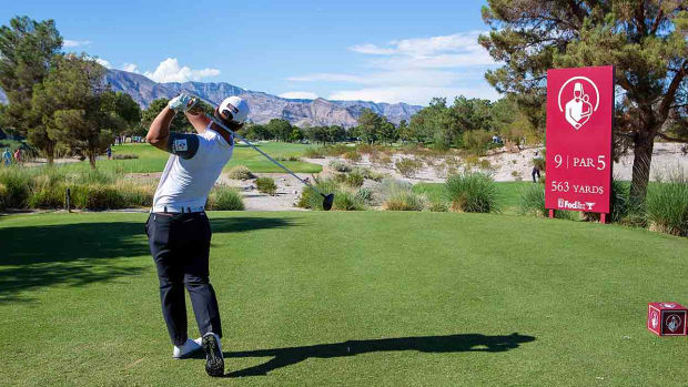 Tom Kim tees off on the ninth hole during the final round of the Shriners Children's Open on October 9, 2022, at TPC Summerlin in Las Vegas.
